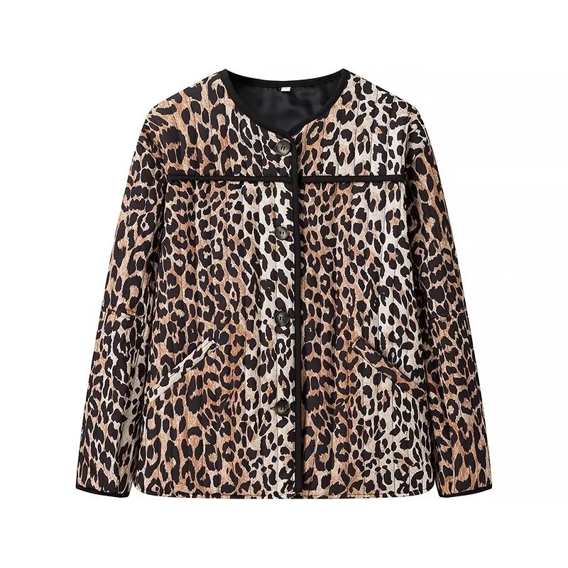 Damen Kurzjacke mit Leo‑Alloverprint, Rundhalsausschnitt und kontrastierender Paspel Nord Taschen