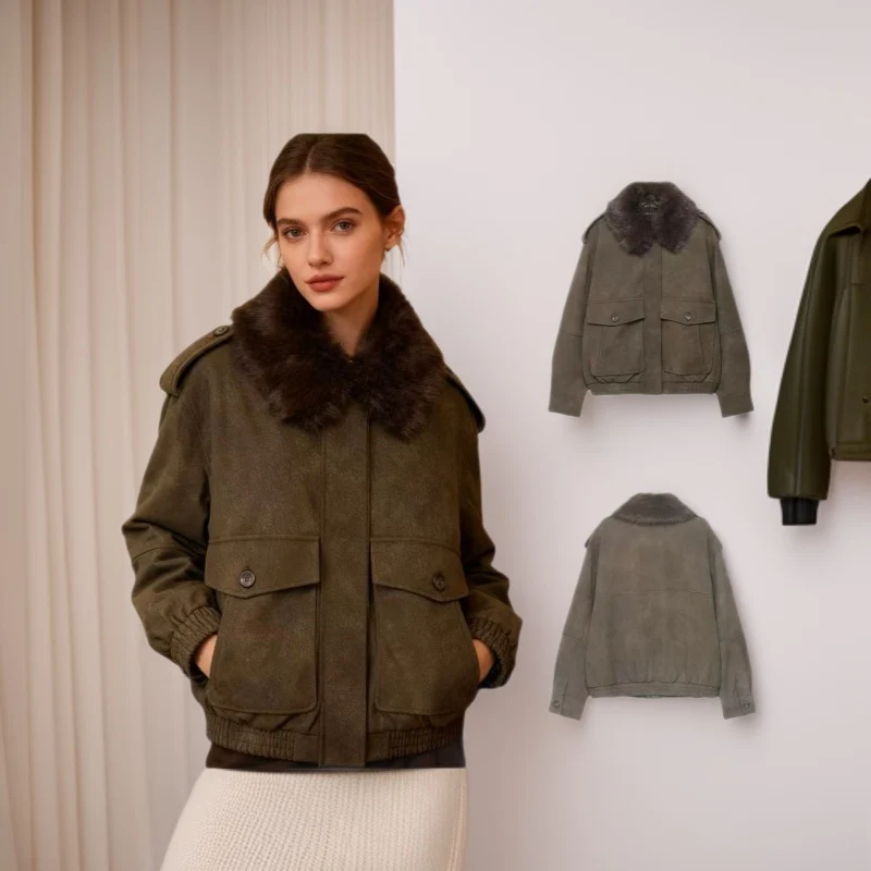 Damen Kurzjacke in Velourslederoptik mit abnehmbarem Fellkragen und Pattentaschen Nord Taschen