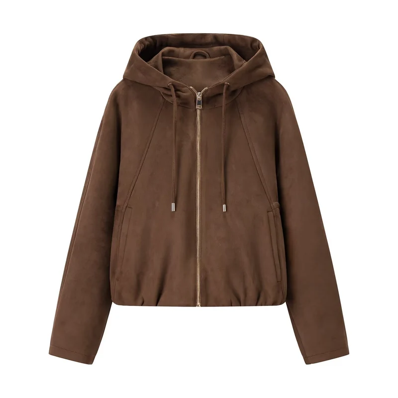 Damen Kurzjacke im Veloursleder‑Look mit Kapuze, Tunnelzug und Reißverschluss Nord Taschen