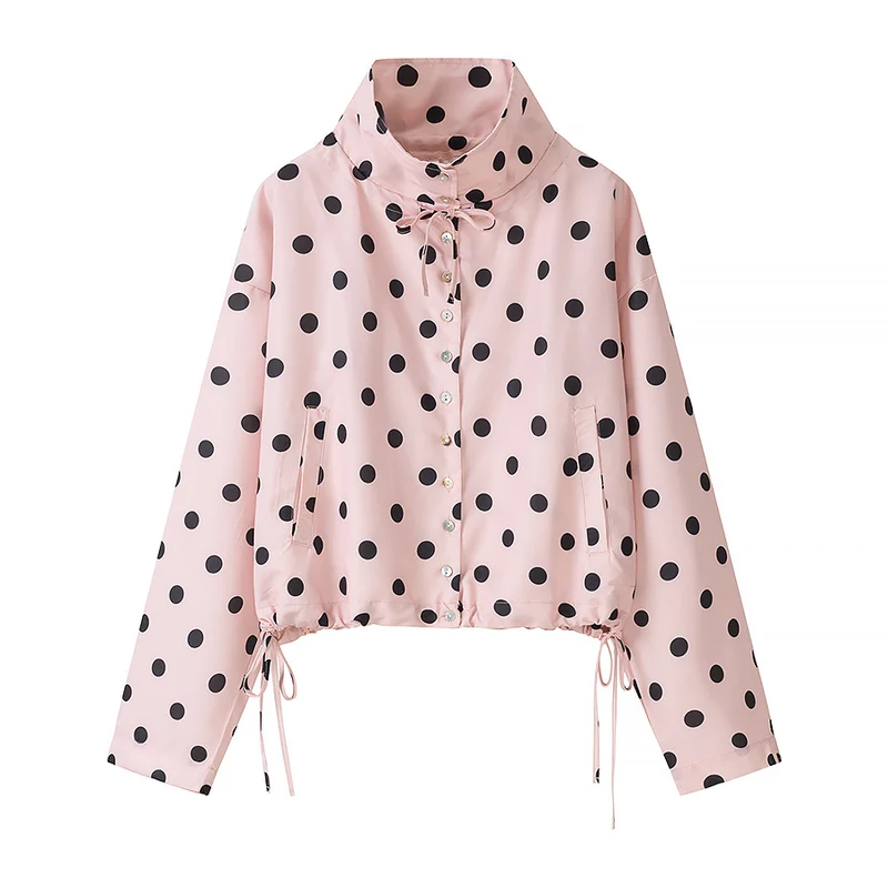 Damen Kurzjacke im Regenparka-Stil mit Stehkragen, Tunnelzug und Punkteprint Nord Taschen