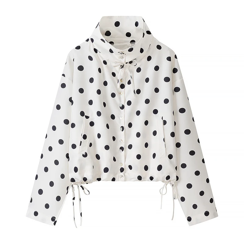 Damen Kurzjacke im Regenparka-Stil mit Stehkragen, Tunnelzug und Punkteprint Nord Taschen