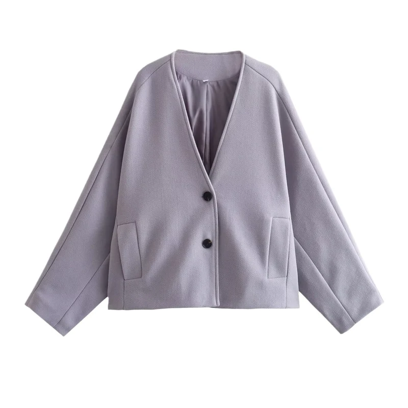 Damen Kurzjacke im Boxy‑Cut mit V‑Ausschnitt und Wollmix Nord Taschen