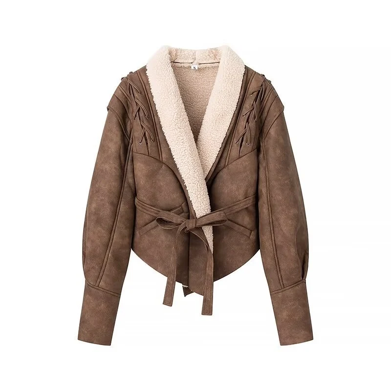Damen Kurzjacke im Aviator‑Look mit Sherpa‑Futter, Bindegürtel und Schulter‑Schnürung Nord Taschen
