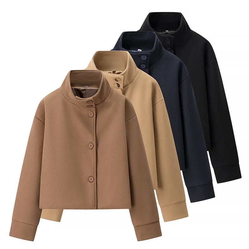 Damen Kurzjacke Boxy Wollmix mit Stehkragen, Oversize-Ärmeln und Knopfleiste Nord Taschen