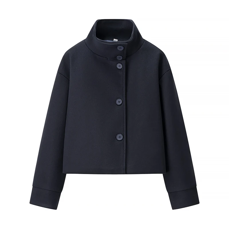 Damen Kurzjacke Boxy Wollmix mit Stehkragen, Oversize-Ärmeln und Knopfleiste Nord Taschen