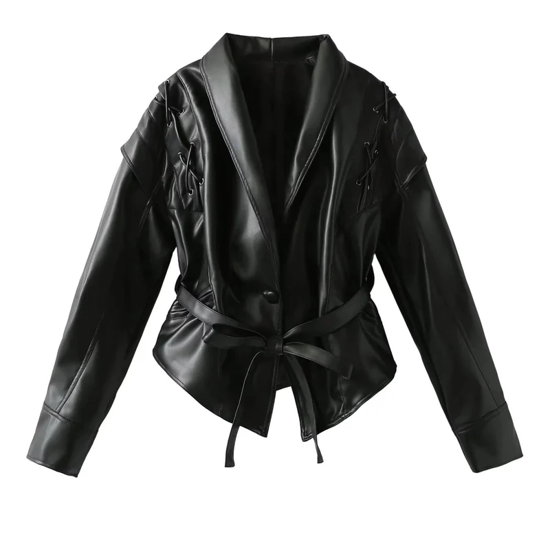 Damen Kurzjacke aus Wildlederoptik mit Wickelgürtel, Schalkragen und Schnürdetail Nord Taschen