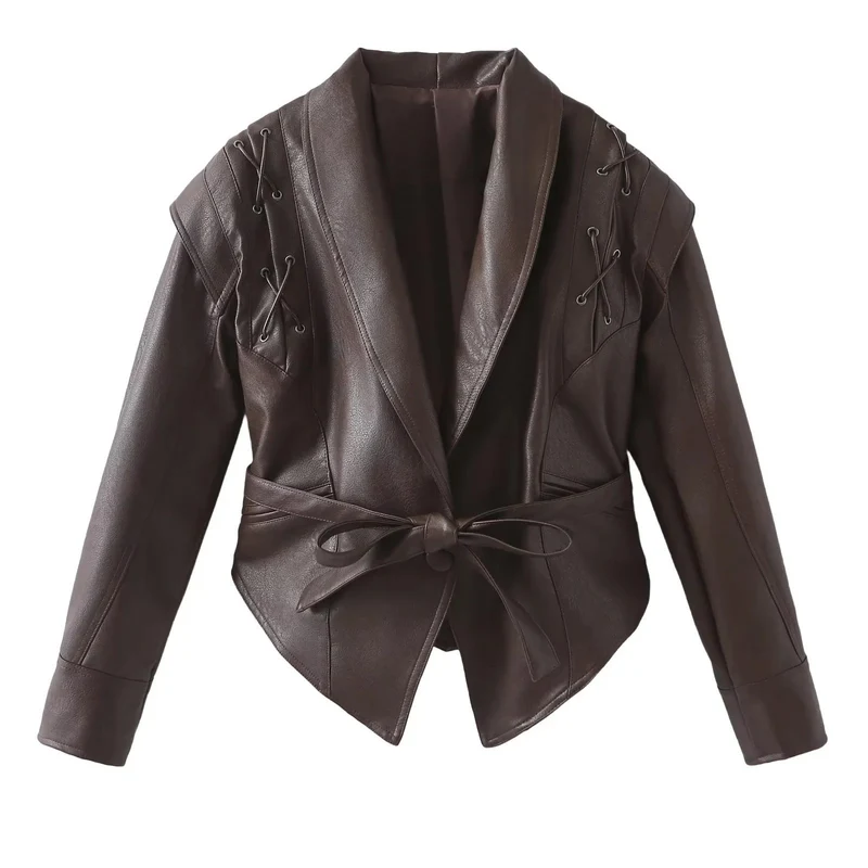 Damen Kurzjacke aus Wildlederoptik mit Wickelgürtel, Schalkragen und Schnürdetail Nord Taschen