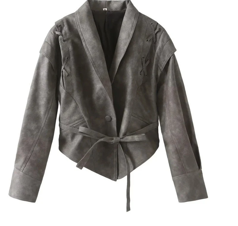 Damen Kurzjacke aus Wildlederoptik mit Wickelgürtel, Schalkragen und Schnürdetail Nord Taschen