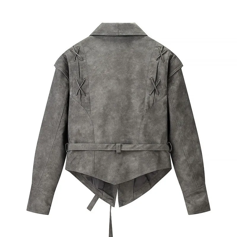 Damen Kurzjacke aus Veloursoptik mit Wickelgürtel und Schnürdetail Nord Taschen