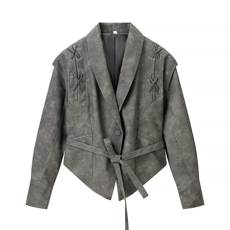 Damen Kurzjacke aus Veloursoptik mit Wickelgürtel und Schnürdetail Nord Taschen