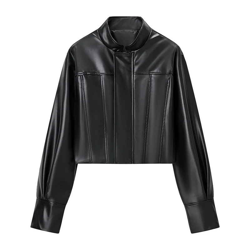 Damen Kurzjacke aus veganem Glattleder mit markanten Schulterpuffern und verdeckter Druckknopfleiste Nord Taschen