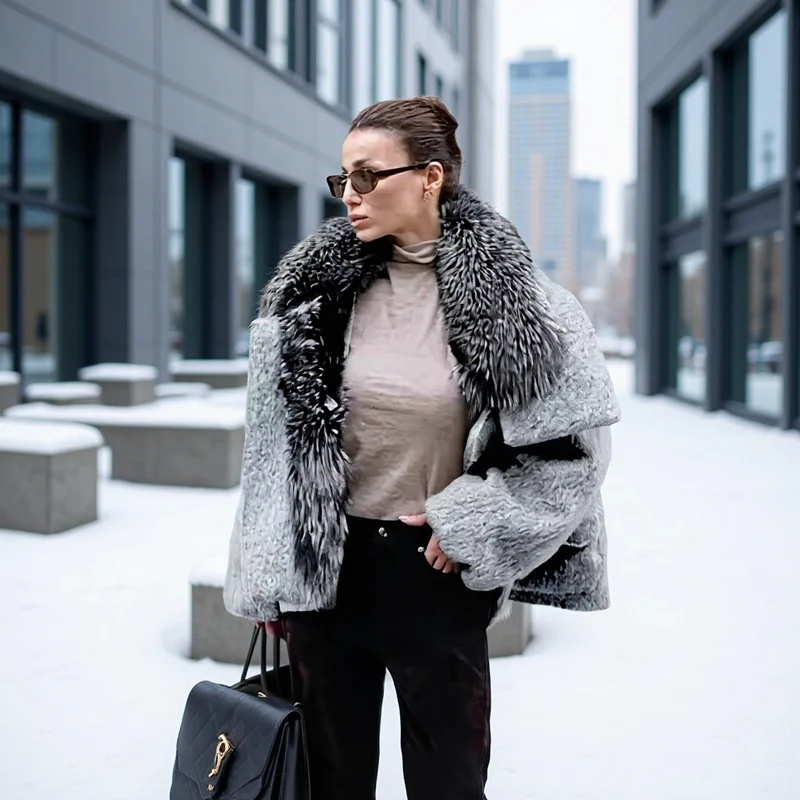Damen Kurzjacke aus Kunstfell im Oversize‑Cut mit voluminösem Webpelzkragen Nord Taschen