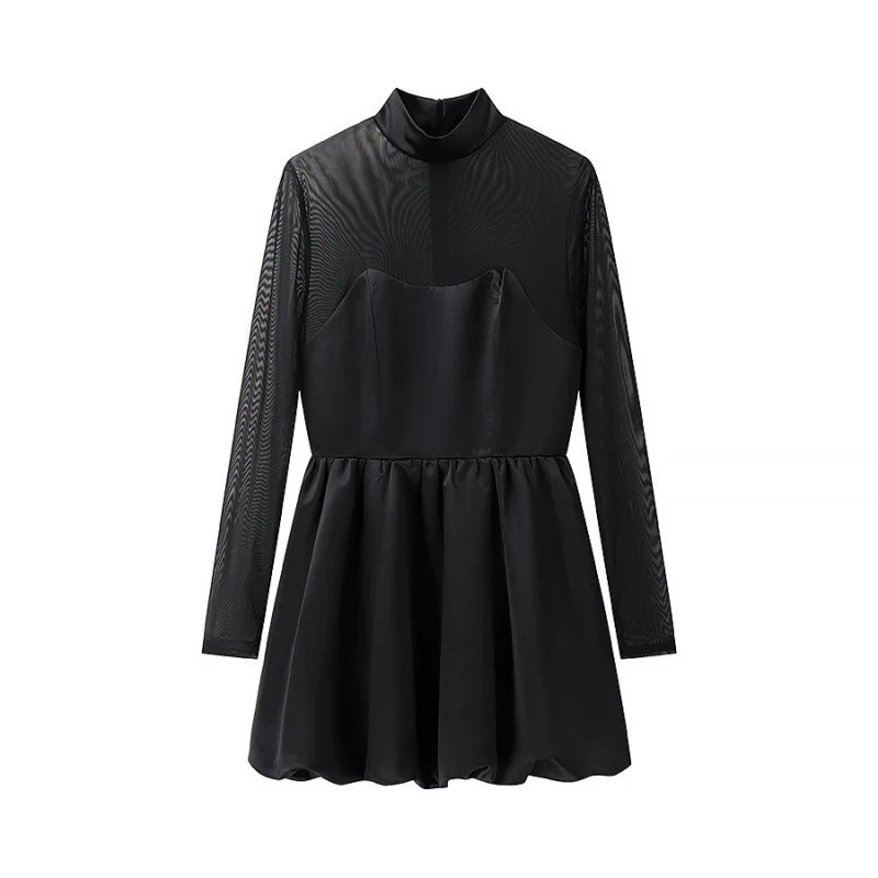 Damen kurzes Mesh-Overlay-Skaterkleid mit Stehkragen und taillierter Korsage Nord Taschen