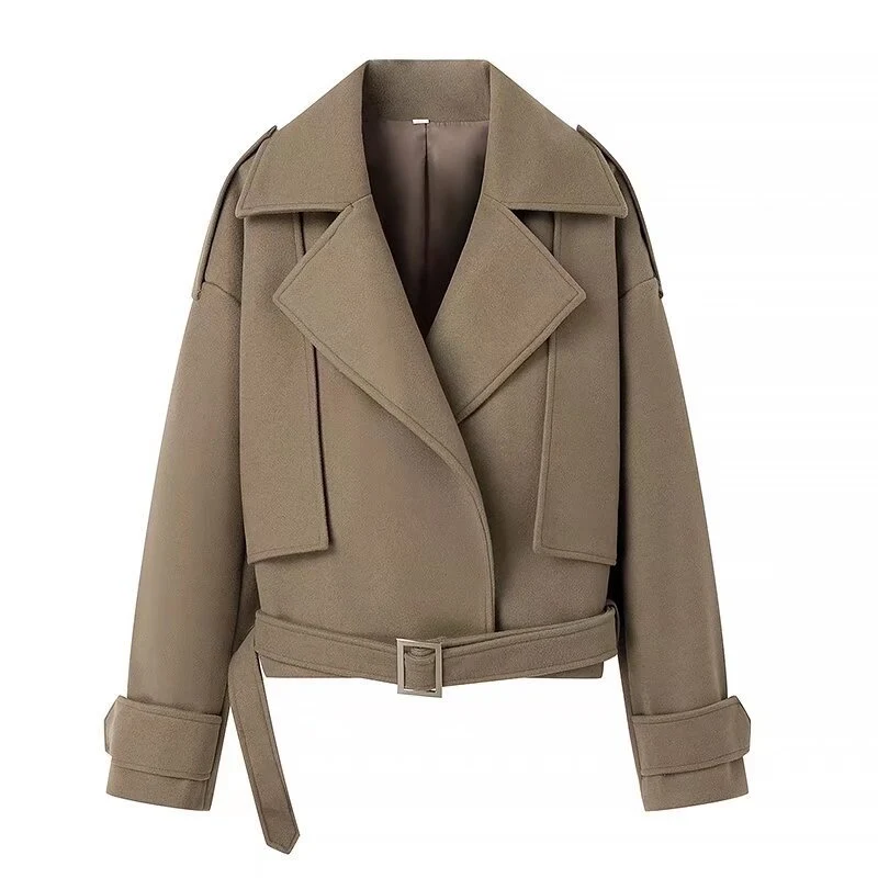Damen Kurzer Wollmix-Trench mit Gürtel, Epauletten und weitem Revers Nord Taschen