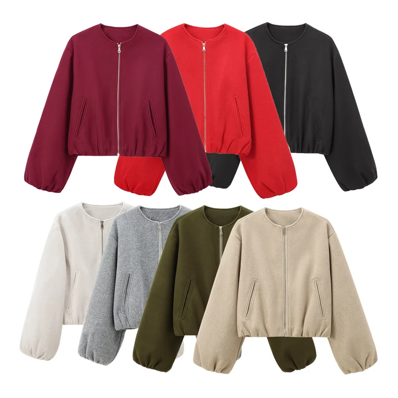 Damen Kurzer Wollmix-Bomber mit Rundhalsausschnitt, Reißverschluss und Ballonärmeln Nord Taschen