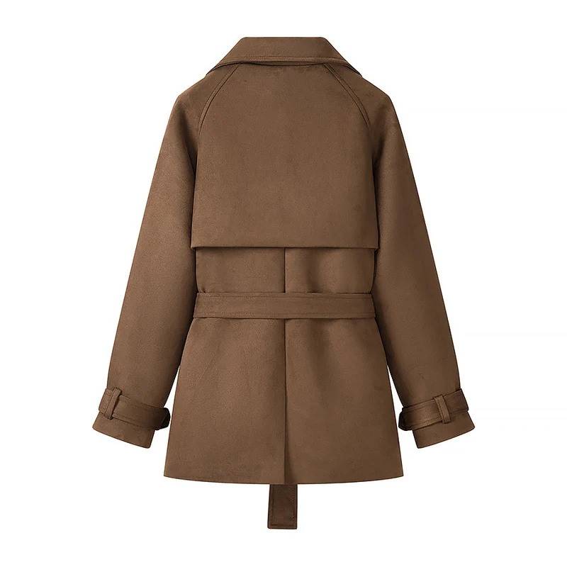 Damen Kurzer Wildleder-Trenchcoat mit Doppelreihe und Taillengürtel Nord Taschen