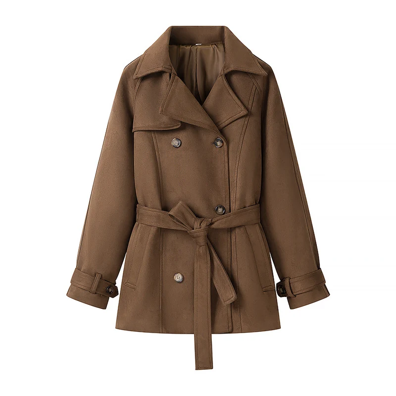 Damen Kurzer Wildleder-Trenchcoat mit Doppelreihe und Taillengürtel Nord Taschen