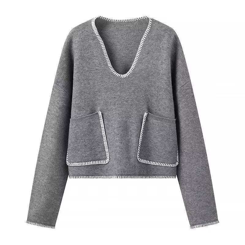 Damen Kurzer V-Ausschnitt Pullover mit Ziernähten und aufgesetzten Taschen Nord Taschen