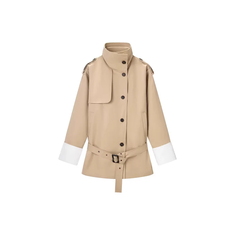 Damen Kurzer Trenchcoat mit Taillengürtel, Stehkragen und Kontrastmanschetten Nord Taschen