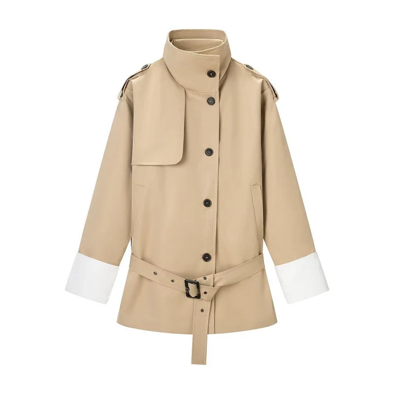 Damen Kurzer Trenchcoat mit Taillengürtel, Stehkragen und Kontrastmanschetten Nord Taschen
