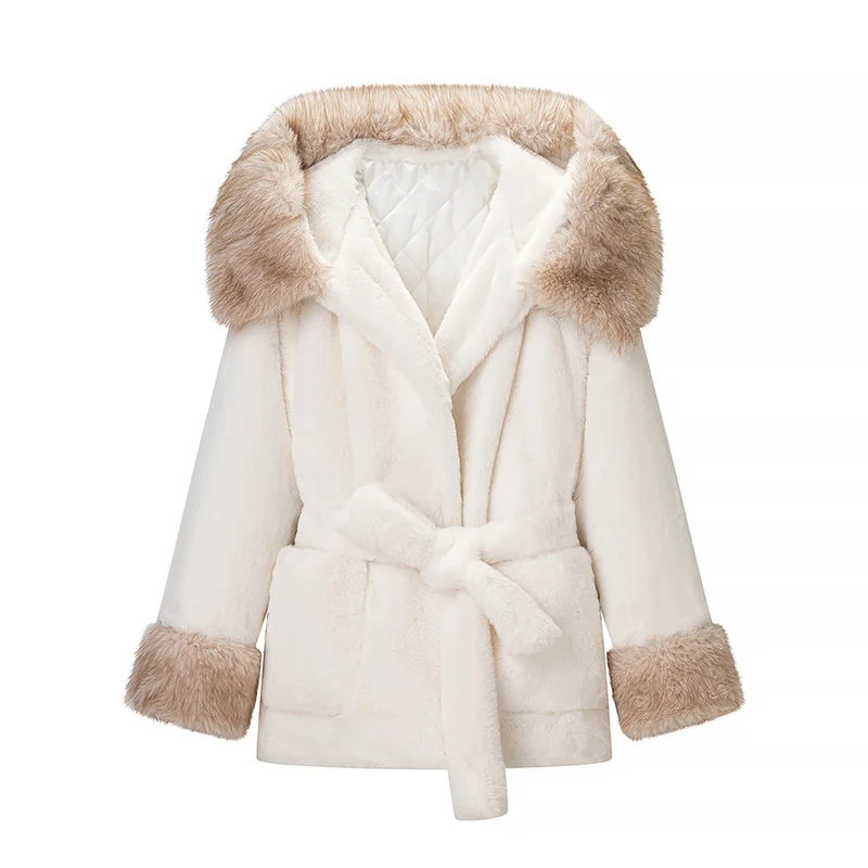 Damen Kurzer Teddy-Kunstpelz-Mantel mit Kapuze, Steppfutter und Bindegürtel Nord Taschen
