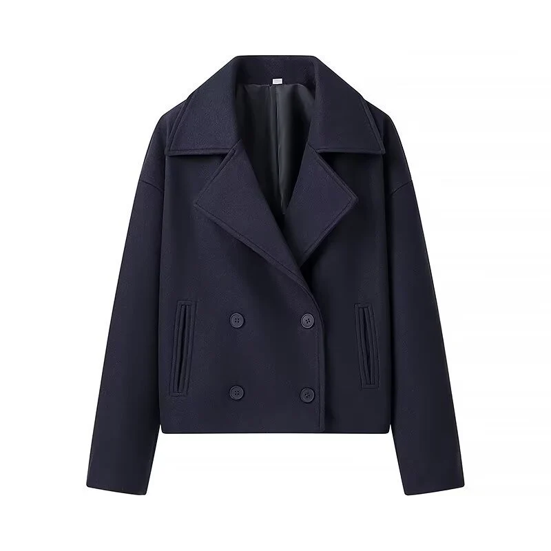 Damen Kurzer Boxy-Wollmix-Peacoat mit doppelreihiger Knopfleiste und aufgesetzten Taschen Nord Taschen