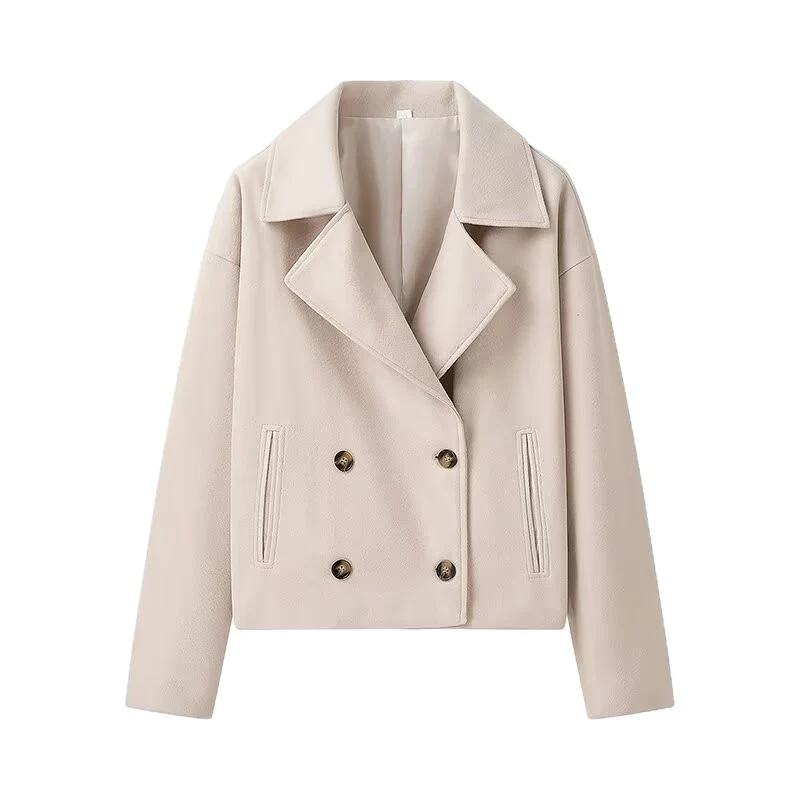 Damen Kurzer Boxy-Wollmix-Peacoat mit doppelreihiger Knopfleiste und aufgesetzten Taschen Nord Taschen