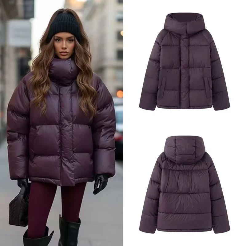 Damen Kurze wattierte Oversize‑Steppjacke mit hohem Stehkragen und Kapuze Nord Taschen