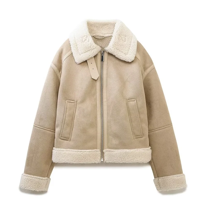 Damen Hochgeschnittene Pilotjacke aus veganer Lederoptik mit Teddyfutter und Reißverschluss Nord Taschen