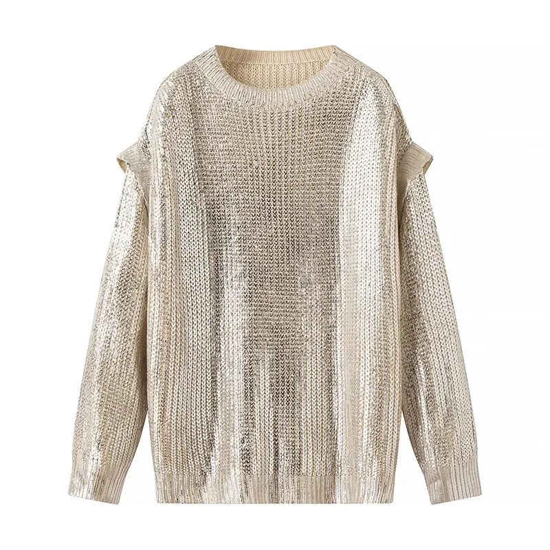 Damen Glänzender Oversize-Strickpullover mit Schulter-Cutouts Nord Taschen