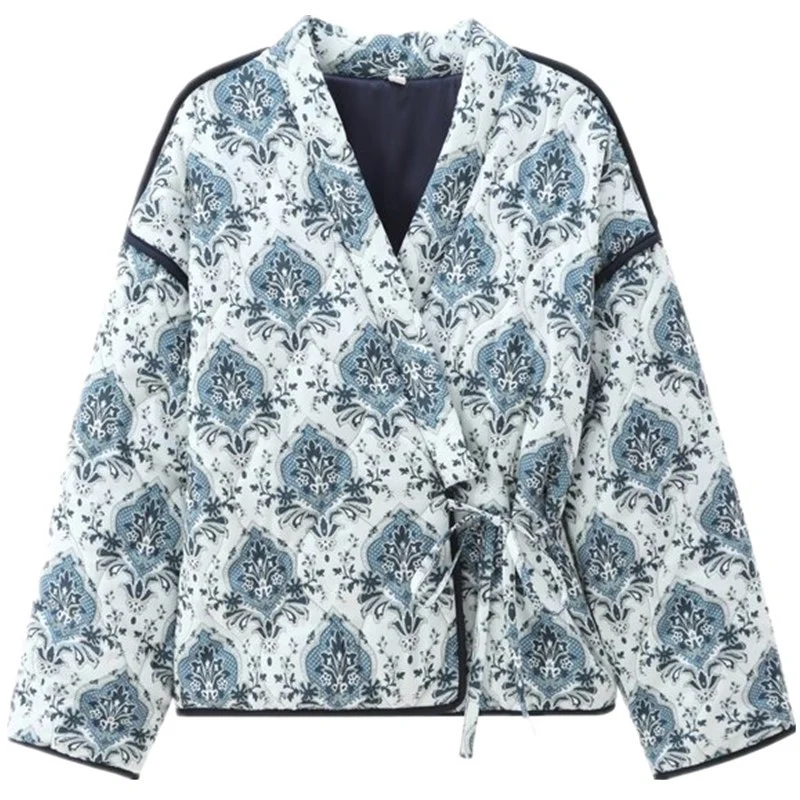 Damen gewattete Kimono-Jacke mit Taillengürtel und ornamentalem Print Nord Taschen