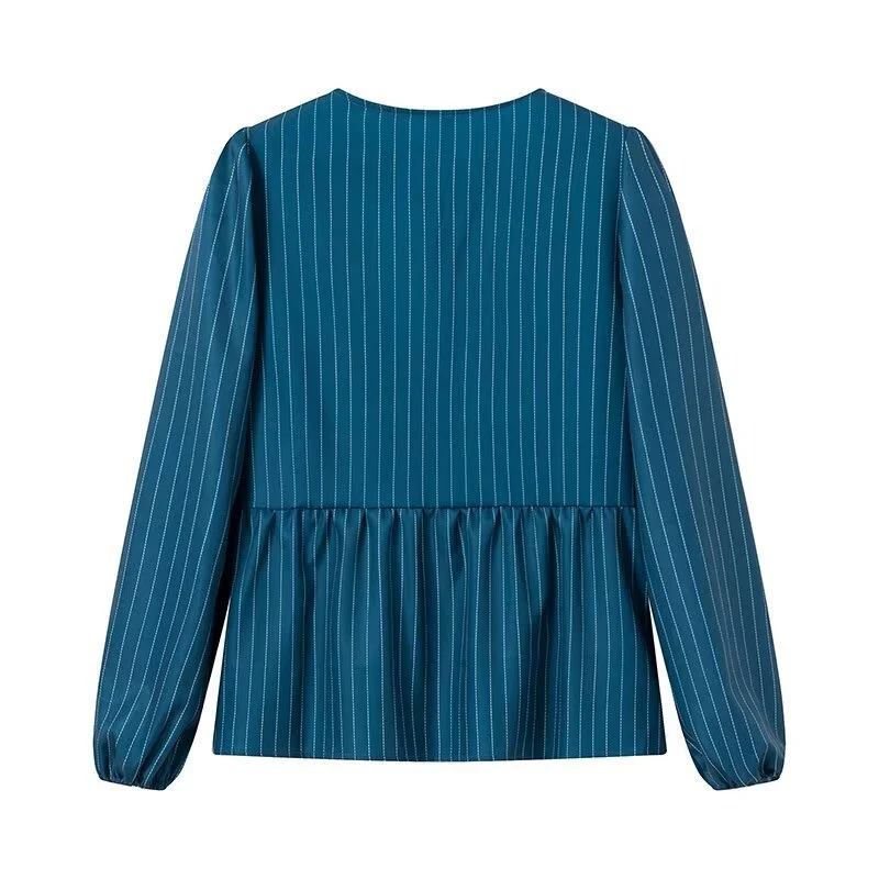 Damen Gestreifte Peplum‑Bluse mit vorderer Schnürung und langen Ballonärmeln Nord Taschen