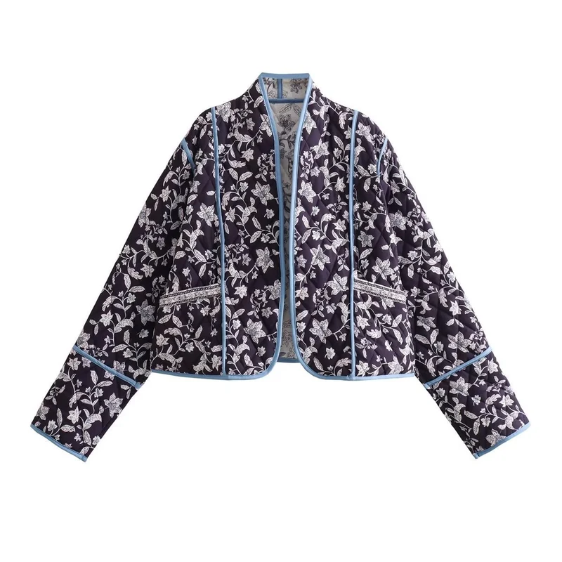 Damen Gestepptes Cropped-Steppjacke mit floralem Allovermuster und kontrastierender Paspelierung Nord Taschen