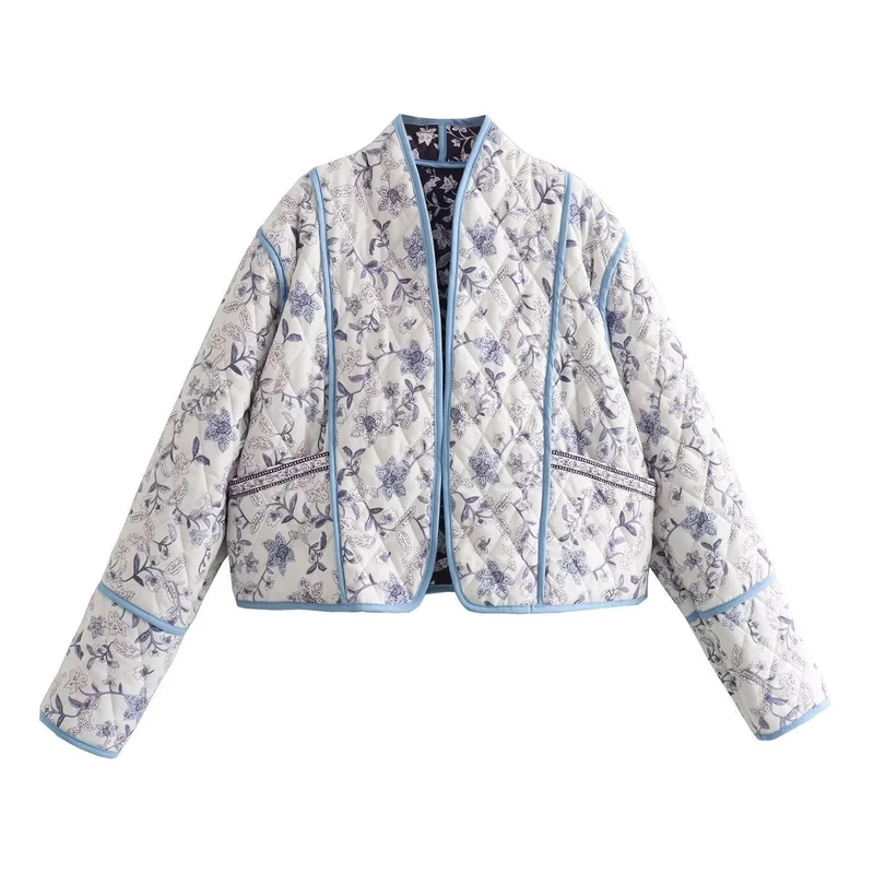 Damen Gestepptes Cropped-Steppjacke mit floralem Allovermuster und kontrastierender Paspelierung Nord Taschen