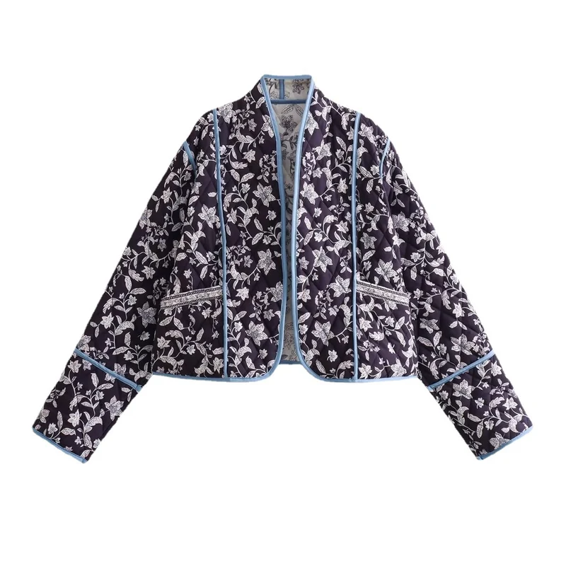 Damen Gestepptes Cropped-Steppjacke mit floralem Allovermuster und kontrastierender Paspelierung Nord Taschen
