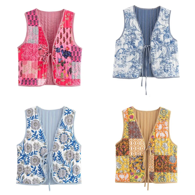 Damen Gesteppte Weste mit Toile‑Print, gestreifter Innenverarbeitung und Kordelbindung Nord Taschen