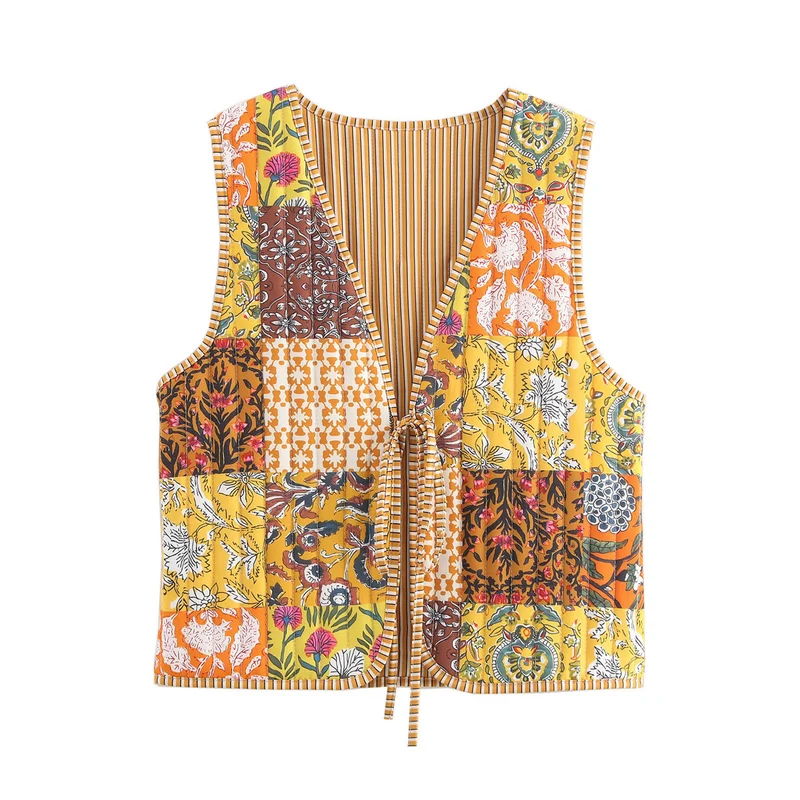 Damen Gesteppte Weste mit Toile‑Print, gestreifter Innenverarbeitung und Kordelbindung Nord Taschen