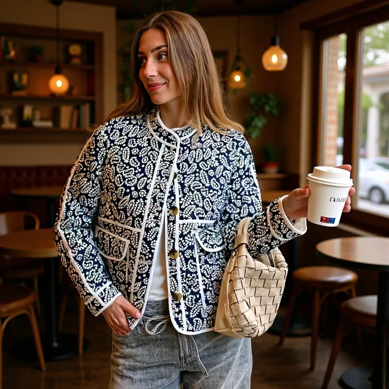 Damen gesteppte Übergangsjacke mit Stehkragen, Paisley‑Print und Kontrastpaspel Nord Taschen
