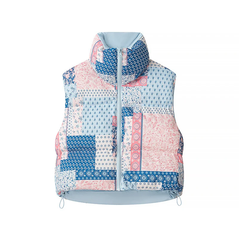 Damen Gesteppte Kurzweste mit Stehkragen, Patchwork-Bandana‑Print und Kordelzug Nord Taschen