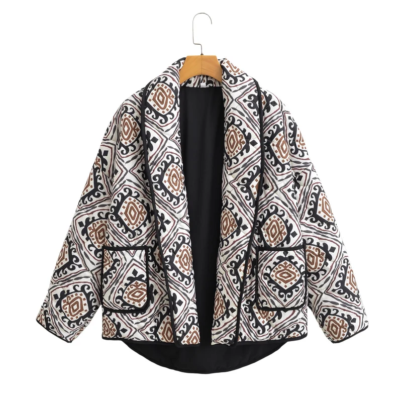 Damen Gesteppte Kimono-Jacke mit Ethno-Print, Kontrastpaspel und aufgesetzten Taschen Nord Taschen