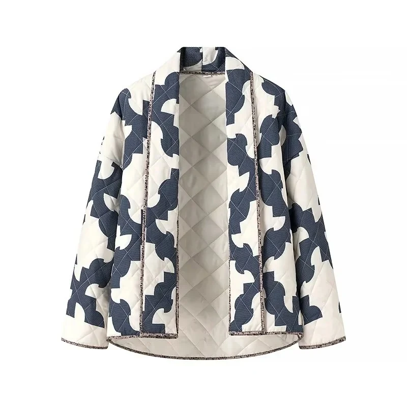 Damen Gequiltete Oversize-Jacke mit Patchworkmuster und weiter Kimono-Ärmel Nord Taschen