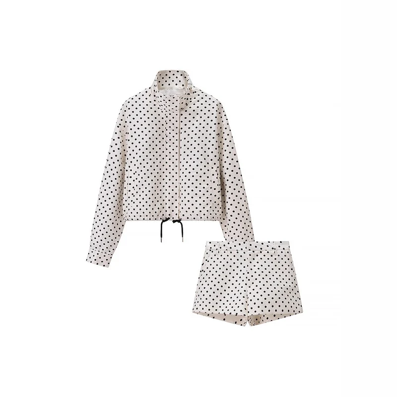 Damen Gepunktetes Satin-Loungewear-Set mit Oversize-Blazer und Kordel-Shorts Nord Taschen