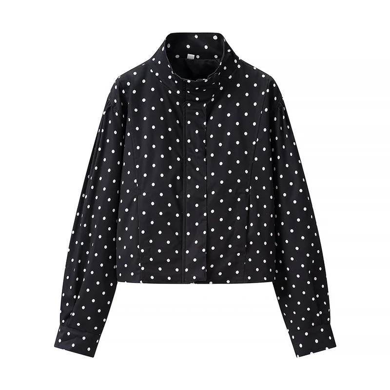 Damen Gepunktete Kurzjacke mit Stehkragen und verdeckter Druckknopfleiste Nord Taschen