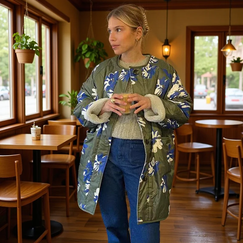 Damen Gepolsterter Steppmantel mit floralem Allover-Print und Teddy-Futter Nord Taschen