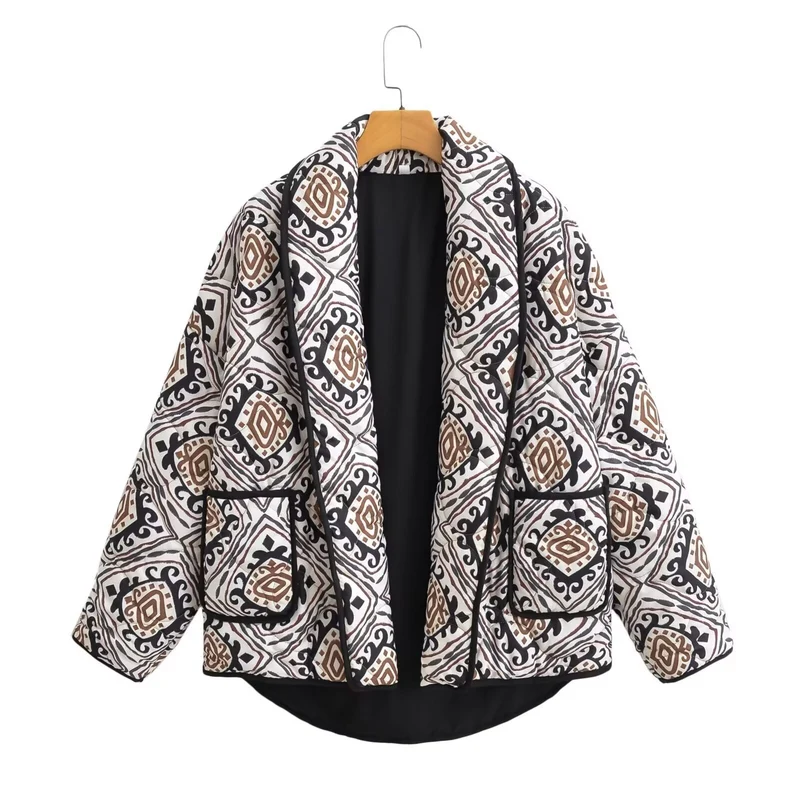 Damen Gepolsterte Kimono-Steppjacke mit Ethno-Print und Kontrastpaspeln Nord Taschen