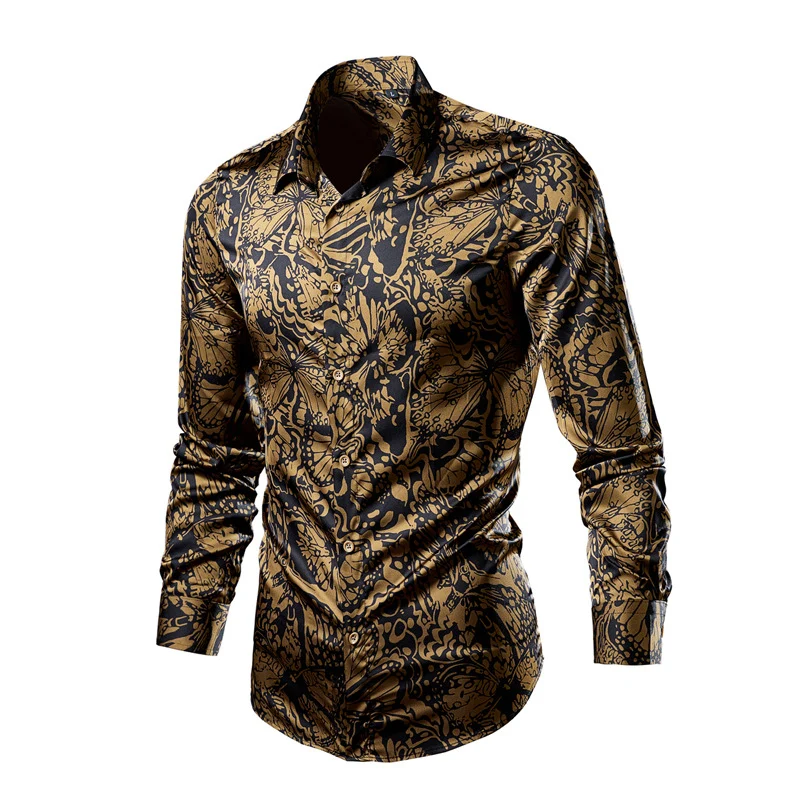 Herren tailliertes Langarmhemd mit auffälligem Leoprint, leichter Satinoptik und elastischem Slim Fit Nord Taschen