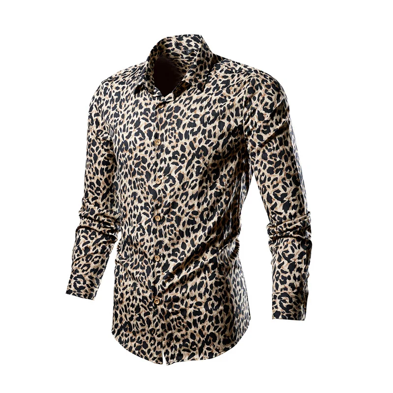Herren tailliertes Langarmhemd mit auffälligem Leoprint, leichter Satinoptik und elastischem Slim Fit Nord Taschen