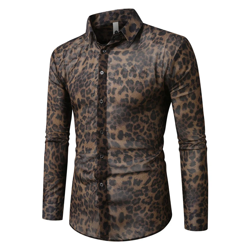 Herren tailliertes Langarmhemd mit auffälligem Leoprint, leichter Satinoptik und elastischem Slim Fit Nord Taschen