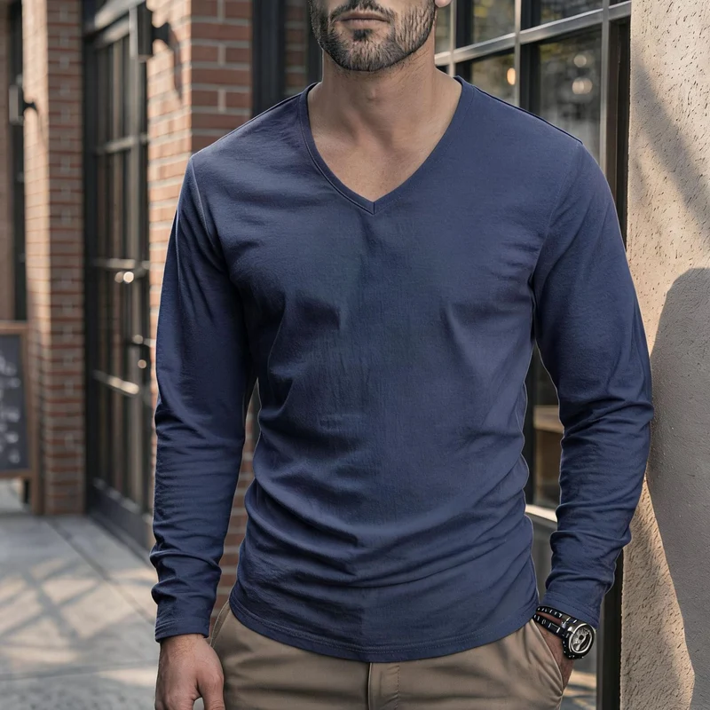 Herren tailliertes Langarmshirt mit V-Ausschnitt aus feinem Baumwollstretch Nord Taschen