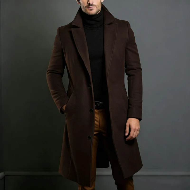 Herren Eleganter einreihiger Langmantel aus Wollmix mit schmaler Silhouette und Reverskragen Nord Taschen